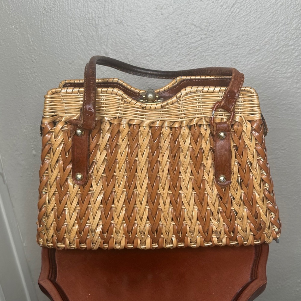 Vintage Gaymode Wicker Handbag Woven Straw Leather Top Handle Bag Hong Kong 60s